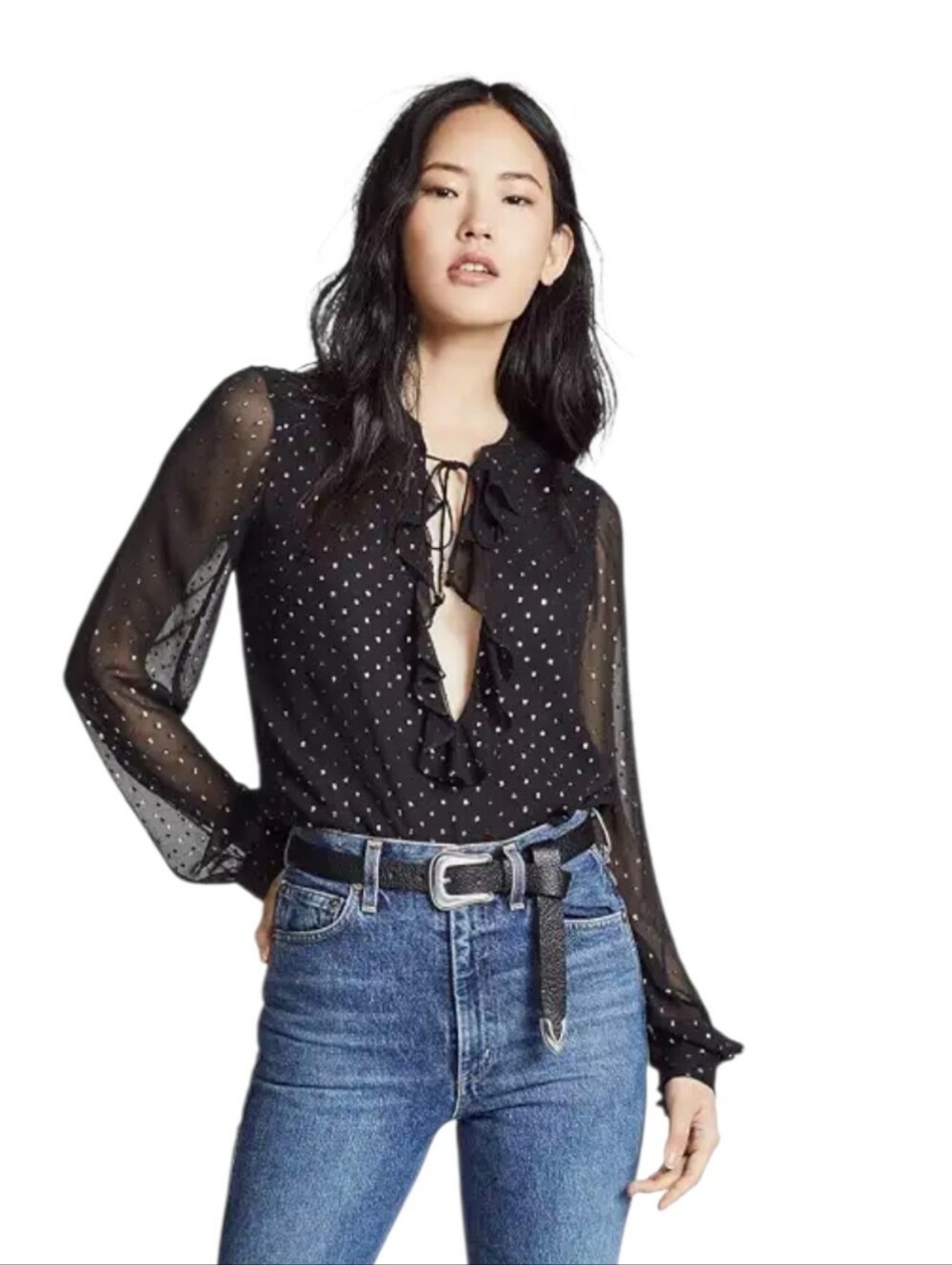 Paige Marella silver Swiss dot black ruffle blouse size  M